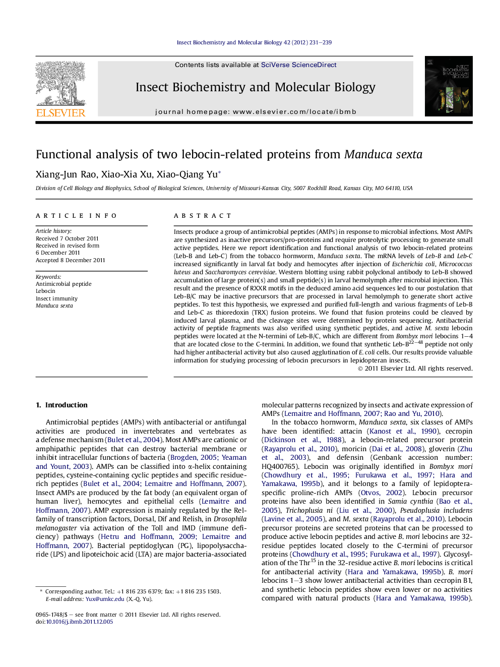 Functional analysis of two lebocin-related proteins from Manduca sexta