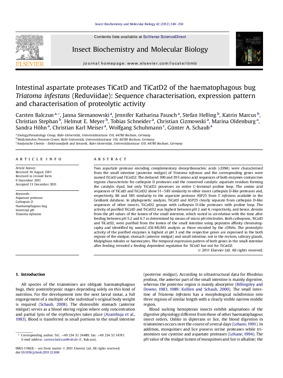 Intestinal aspartate proteases TiCatD and TiCatD2 of the haematophagous bug Triatoma infestans (Reduviidae): Sequence characterisation, expression pattern and characterisation of proteolytic activity