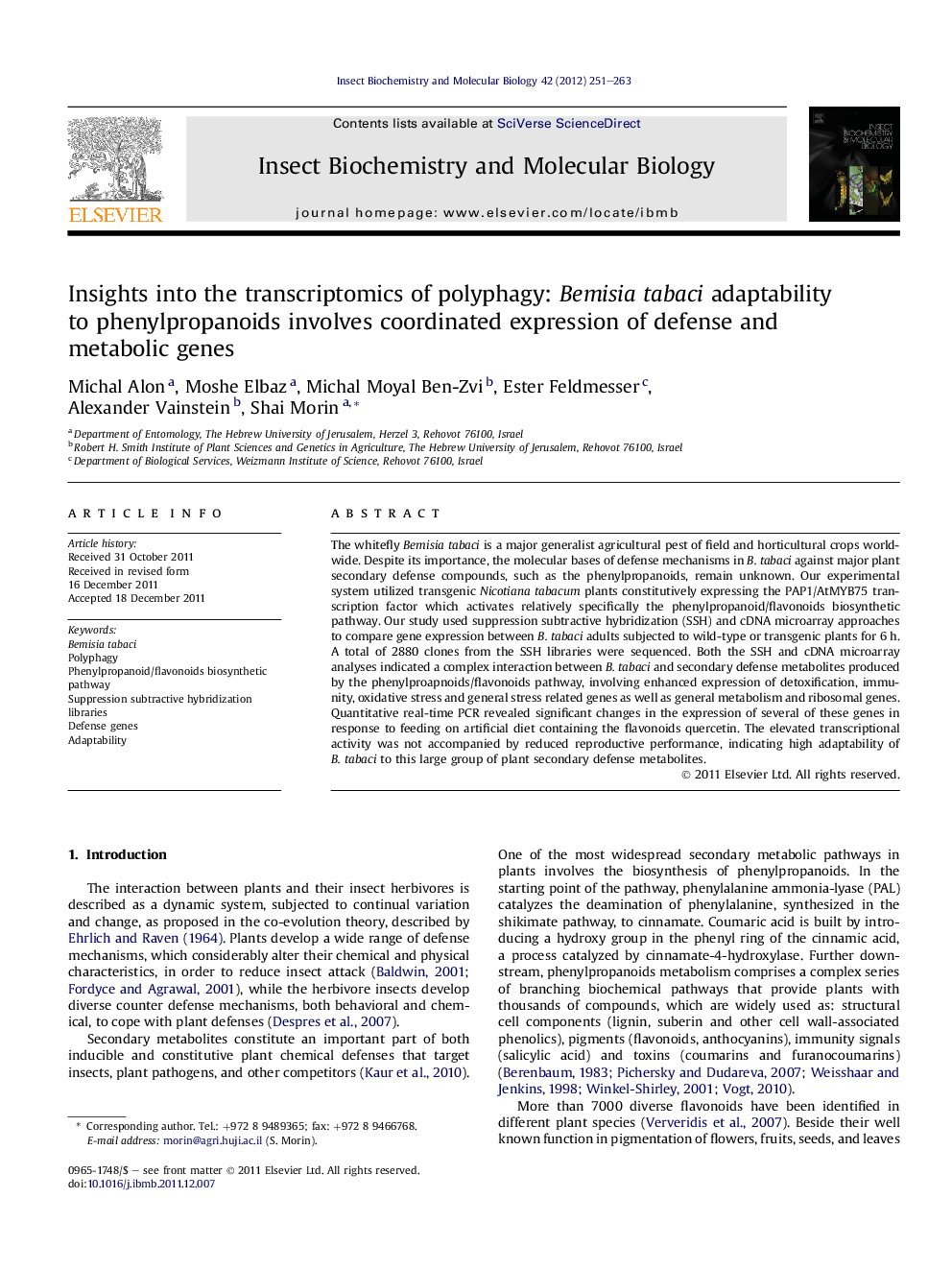 Insights into the transcriptomics of polyphagy: Bemisia tabaci adaptability to phenylpropanoids involves coordinated expression of defense and metabolic genes