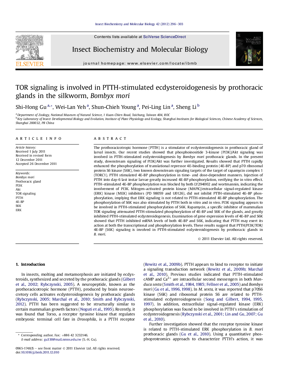 TOR signaling is involved in PTTH-stimulated ecdysteroidogenesis by prothoracic glands in the silkworm, Bombyx mori