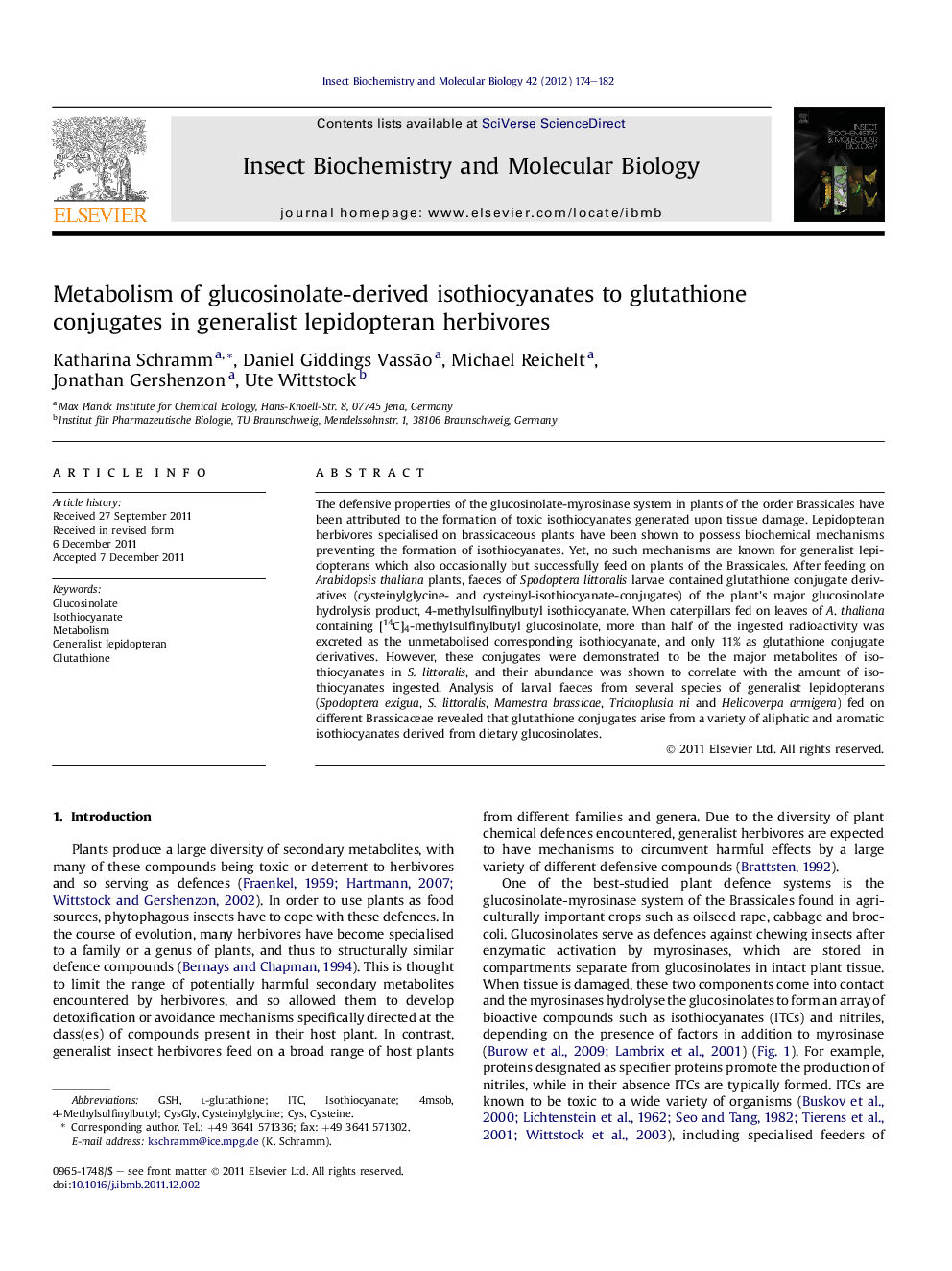 Metabolism of glucosinolate-derived isothiocyanates to glutathione conjugates in generalist lepidopteran herbivores