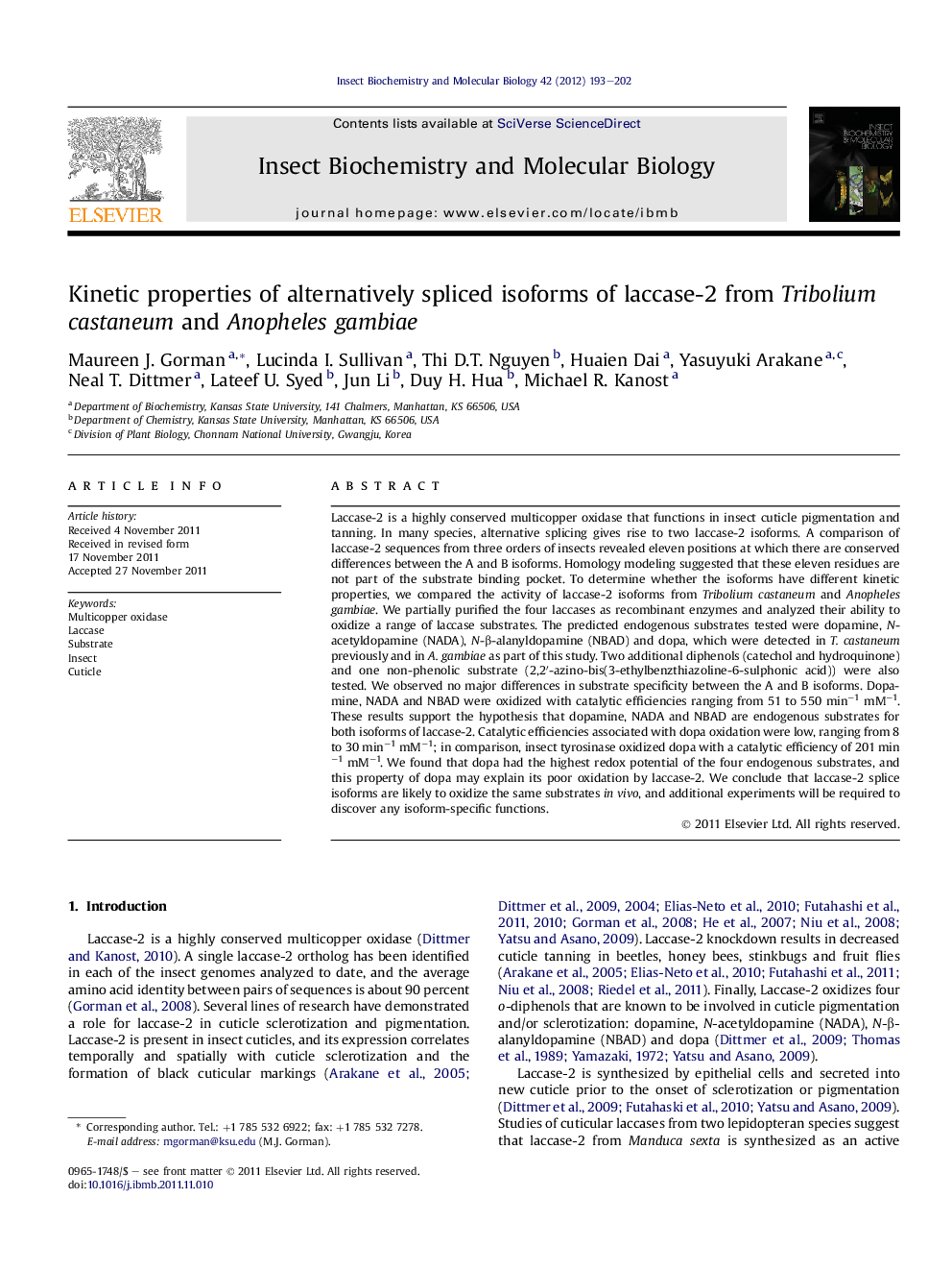 Kinetic properties of alternatively spliced isoforms of laccase-2 from Tribolium castaneum and Anopheles gambiae