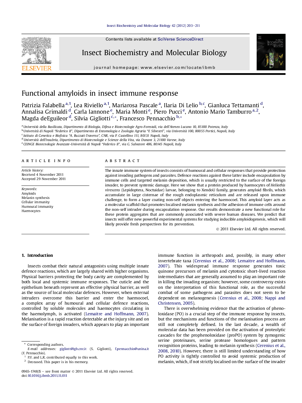 Functional amyloids in insect immune response