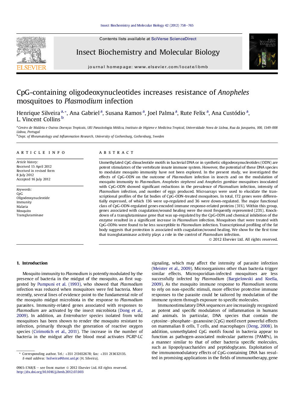 CpG-containing oligodeoxynucleotides increases resistance of Anopheles mosquitoes to Plasmodium infection