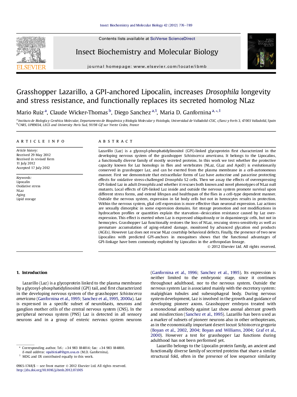 Grasshopper Lazarillo, a GPI-anchored Lipocalin, increases Drosophila longevity and stress resistance, and functionally replaces its secreted homolog NLaz