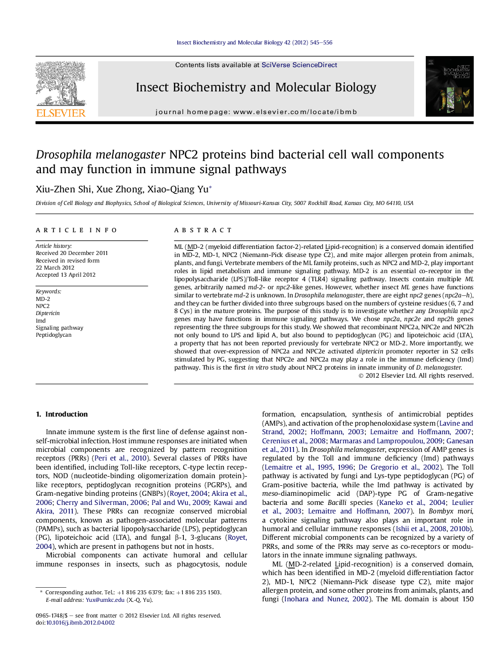 Drosophila melanogaster NPC2 proteins bind bacterial cell wall components and may function in immune signal pathways