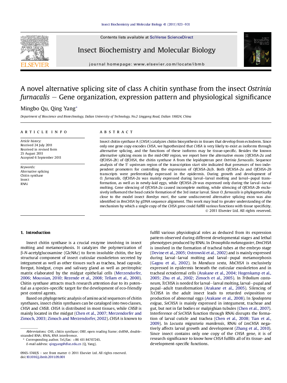 A novel alternative splicing site of class A chitin synthase from the insect Ostrinia furnacalis – Gene organization, expression pattern and physiological significance