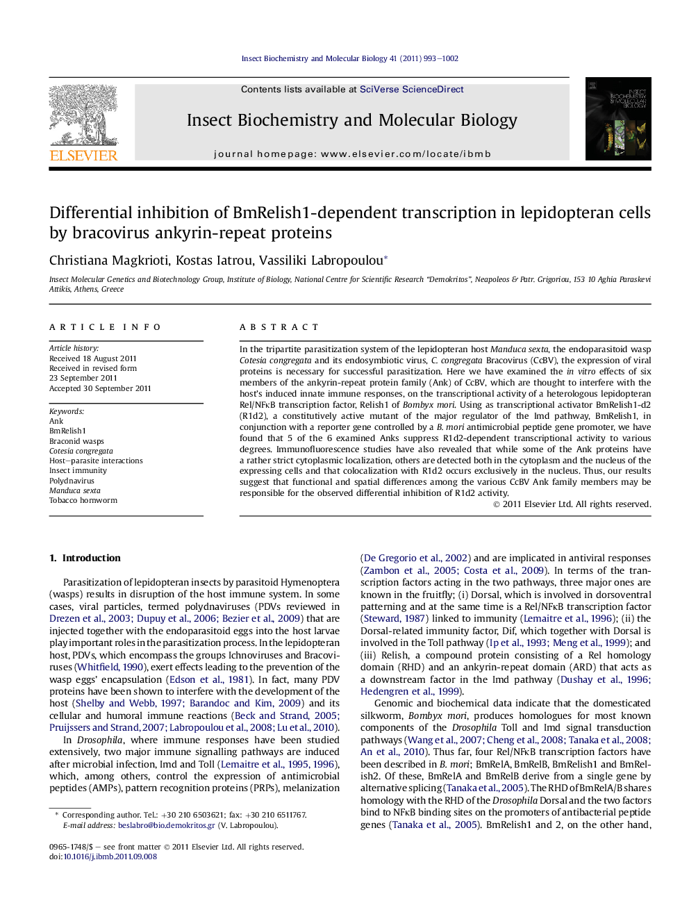 Differential inhibition of BmRelish1-dependent transcription in lepidopteran cells by bracovirus ankyrin-repeat proteins