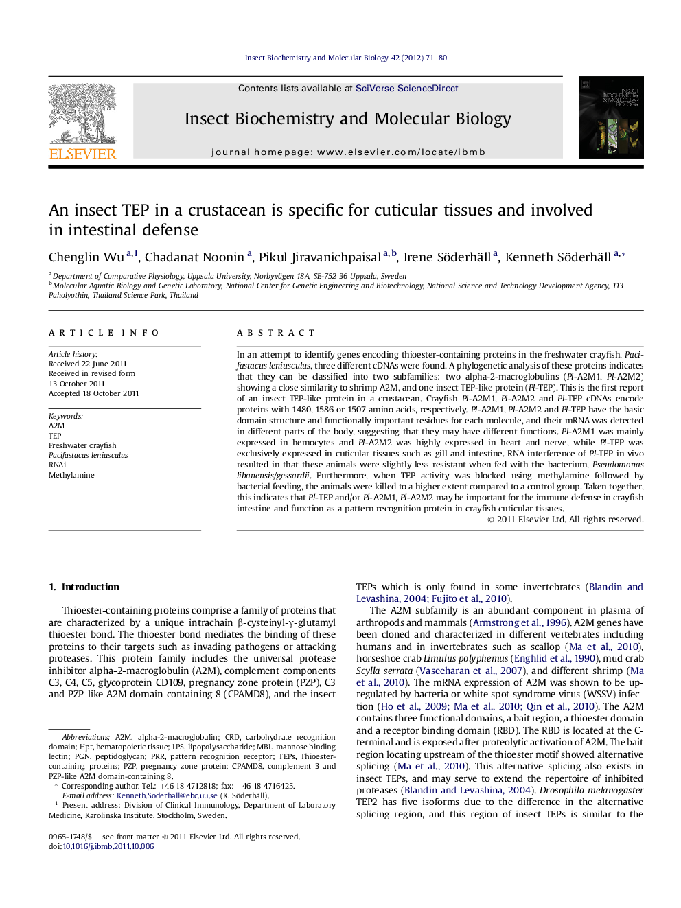 An insect TEP in a crustacean is specific for cuticular tissues and involved in intestinal defense