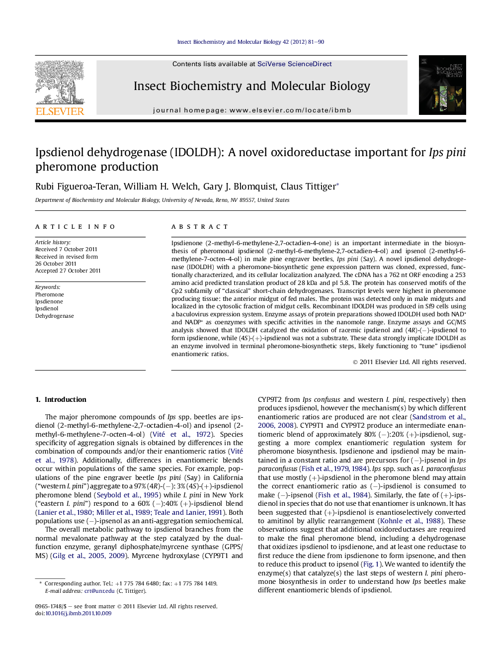 Ipsdienol dehydrogenase (IDOLDH): A novel oxidoreductase important for Ips pini pheromone production