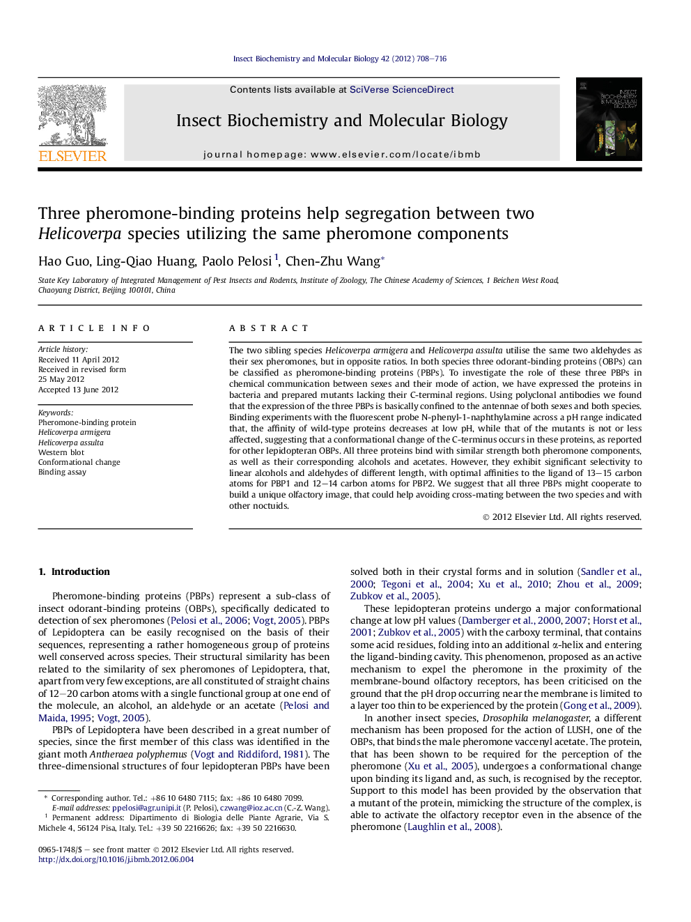 Three pheromone-binding proteins help segregation between two Helicoverpa species utilizing the same pheromone components