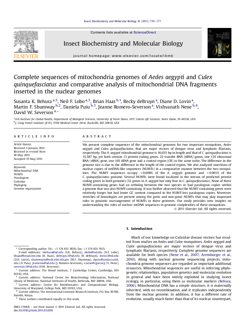 Complete sequences of mitochondria genomes of Aedes aegypti and Culex quinquefasciatus and comparative analysis of mitochondrial DNA fragments inserted in the nuclear genomes