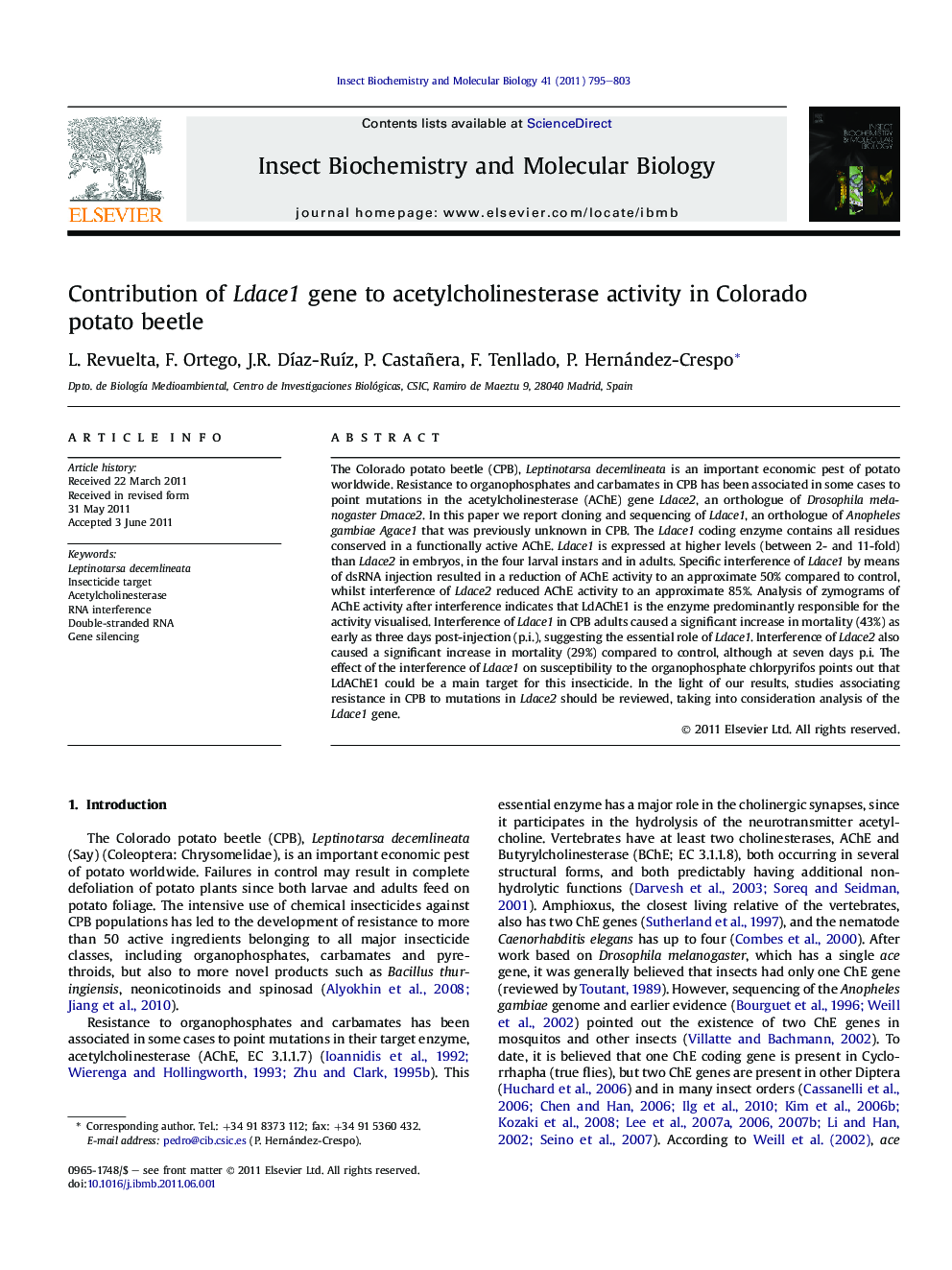 Contribution of Ldace1 gene to acetylcholinesterase activity in Colorado potato beetle