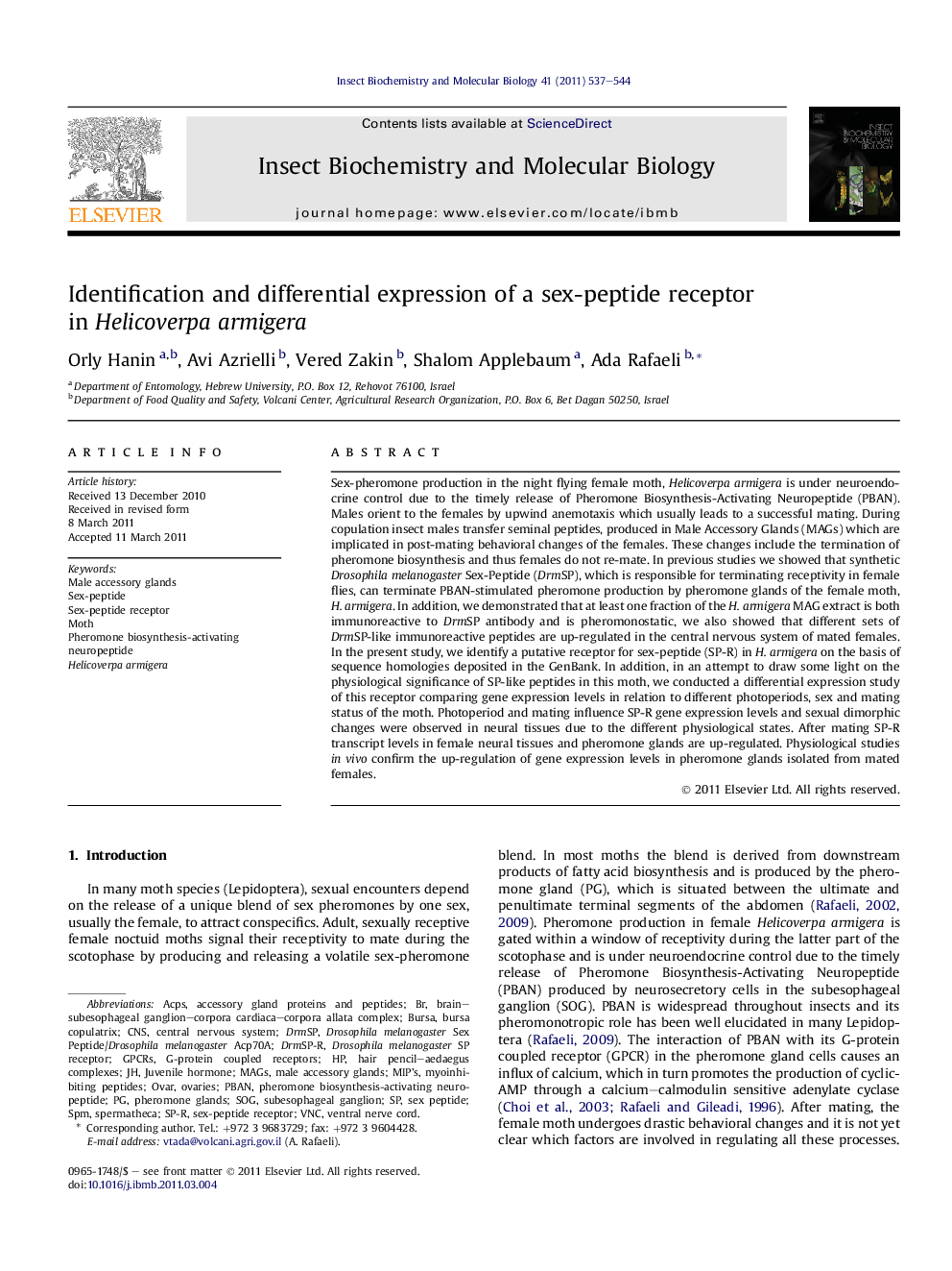 Identification and differential expression of a sex-peptide receptor in Helicoverpa armigera