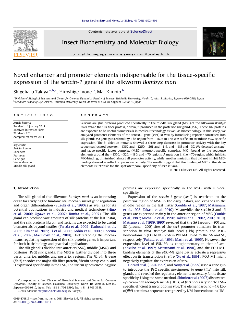 Novel enhancer and promoter elements indispensable for the tissue-specific expression of the sericin-1 gene of the silkworm Bombyx mori