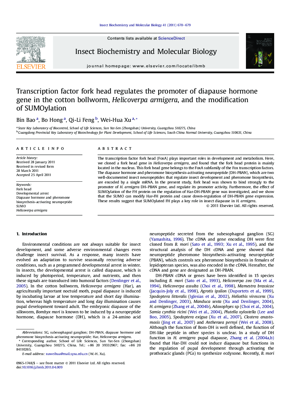 عکس صفحه اول مقاله: Transcription factor fork head regulates the promoter of diapause hormone gene in the cotton bollworm, Helicoverpa armigera, and the modification of SUMOylation Transcription factor fork head regulates the promoter of diapause hormone gene in the cotton bollworm, Helicoverpa armigera, and the modification of SUMOylation