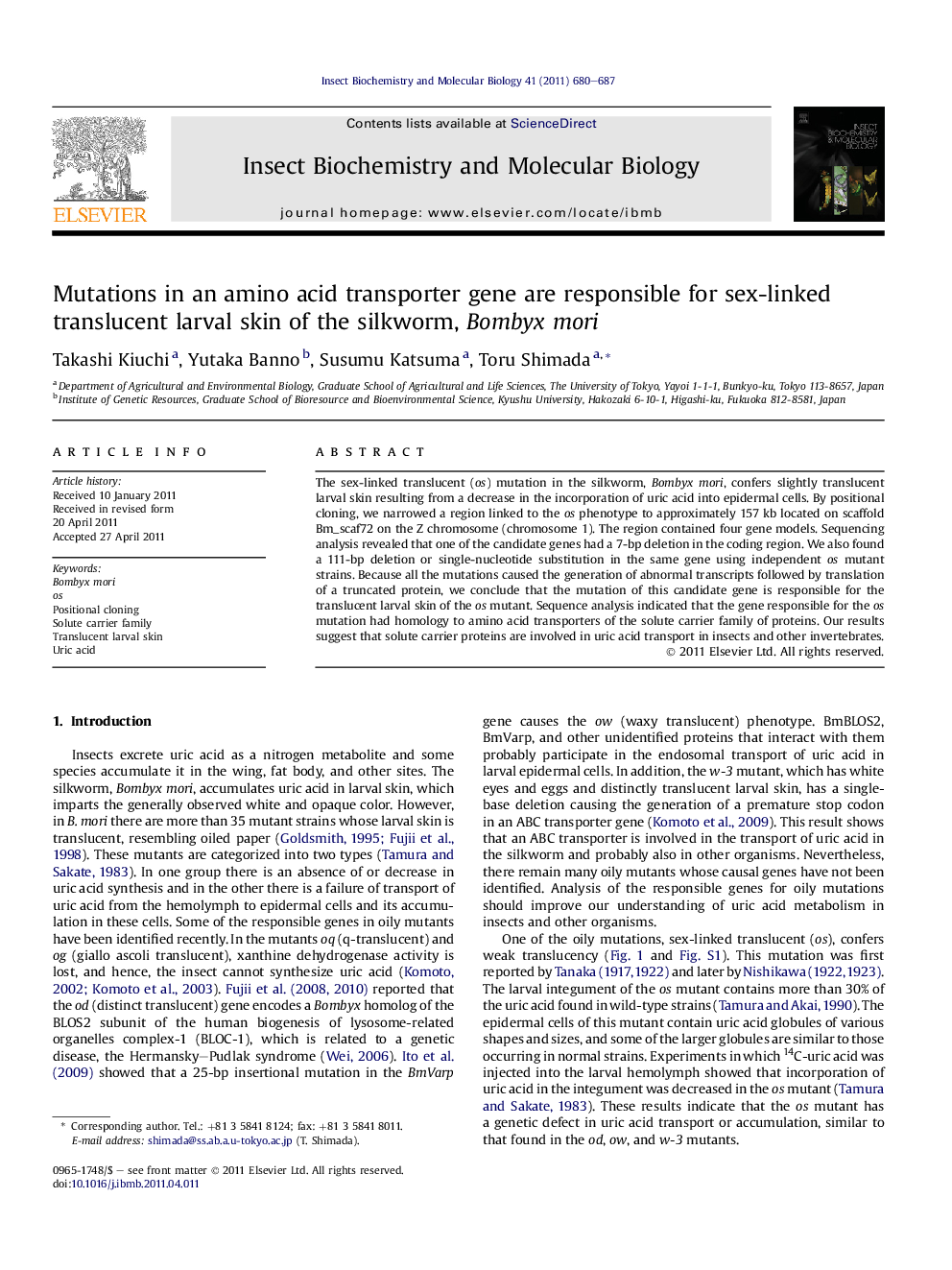 Mutations in an amino acid transporter gene are responsible for sex-linked translucent larval skin of the silkworm, Bombyx mori