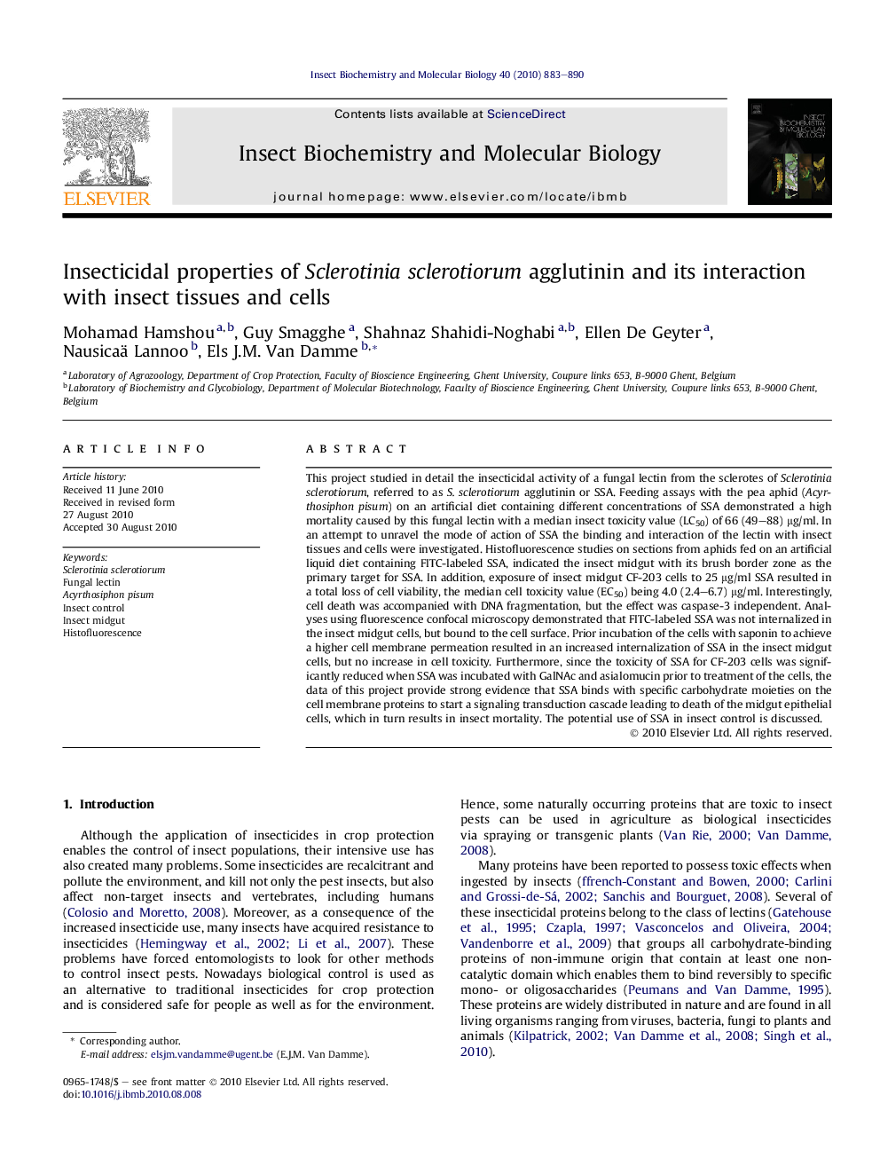 Insecticidal properties of Sclerotinia sclerotiorum agglutinin and its interaction with insect tissues and cells