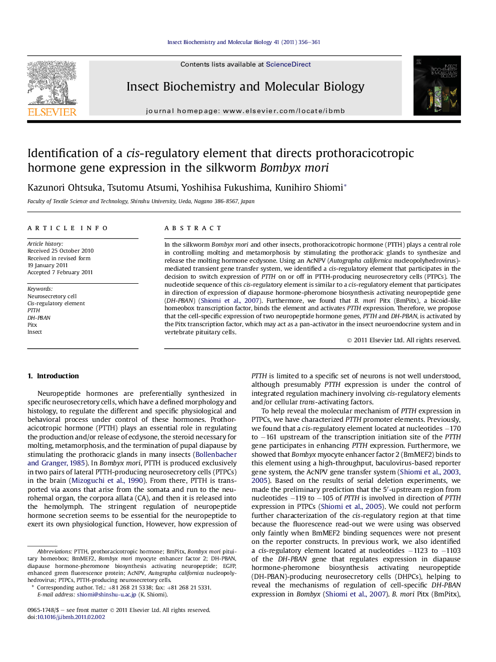 Identification of a cis-regulatory element that directs prothoracicotropic hormone gene expression in the silkworm Bombyx mori