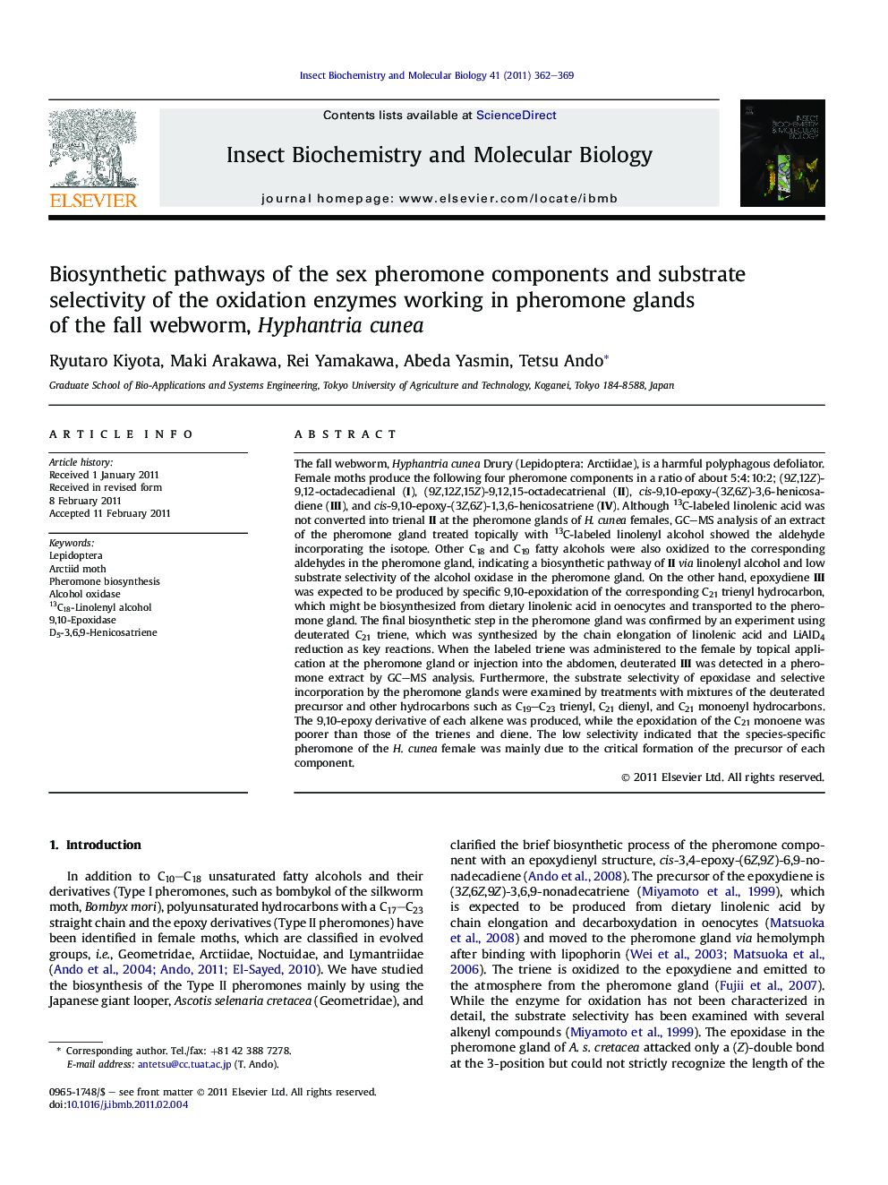 Biosynthetic pathways of the sex pheromone components and substrate selectivity of the oxidation enzymes working in pheromone glands of the fall webworm, Hyphantria cunea