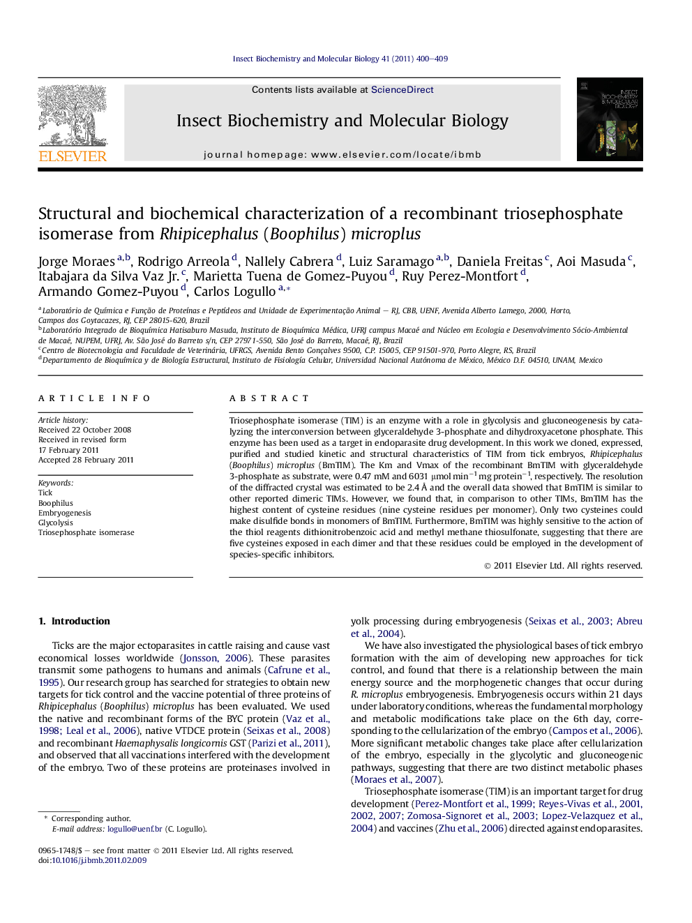 Structural and biochemical characterization of a recombinant triosephosphate isomerase from Rhipicephalus (Boophilus) microplus