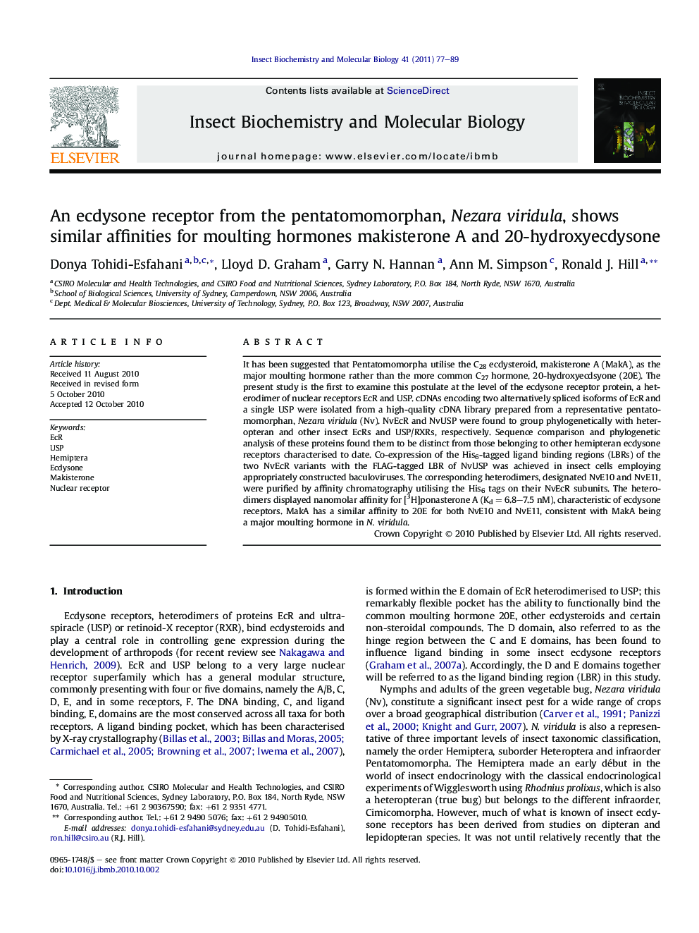 An ecdysone receptor from the pentatomomorphan, Nezara viridula, shows similar affinities for moulting hormones makisterone A and 20-hydroxyecdysone