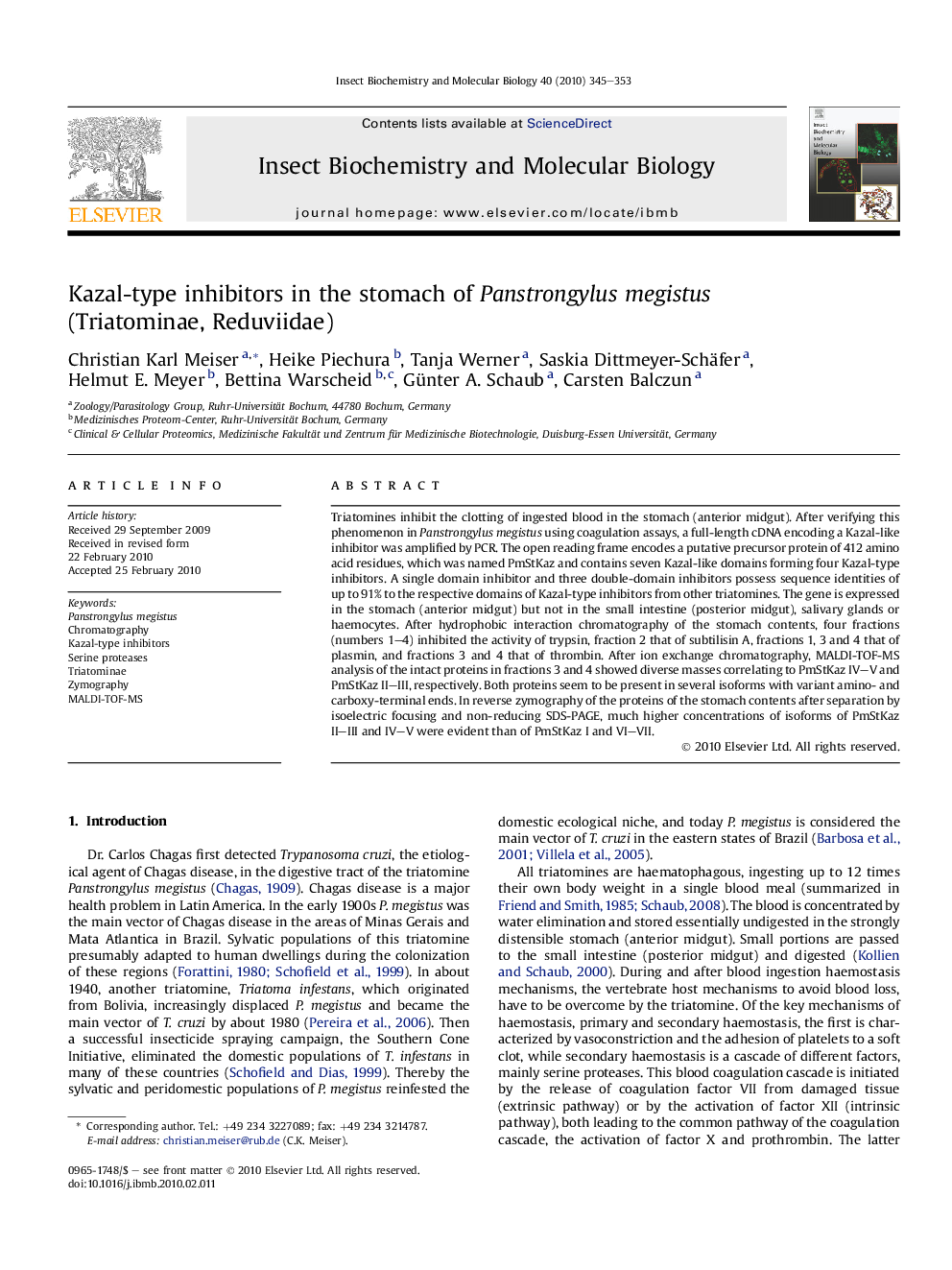 Kazal-type inhibitors in the stomach of Panstrongylus megistus (Triatominae, Reduviidae)