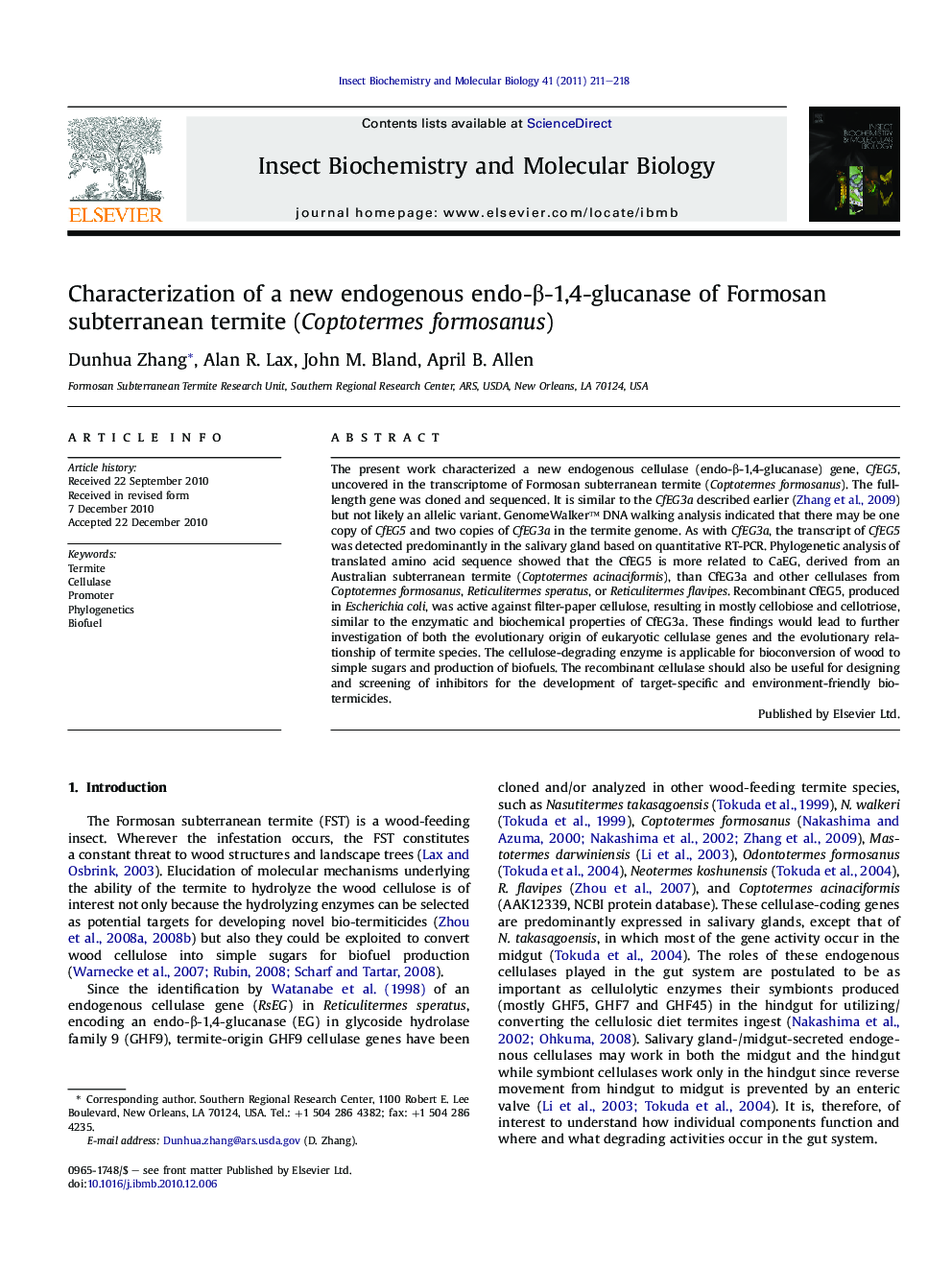 Characterization of a new endogenous endo-β-1,4-glucanase of Formosan subterranean termite (Coptotermes formosanus)