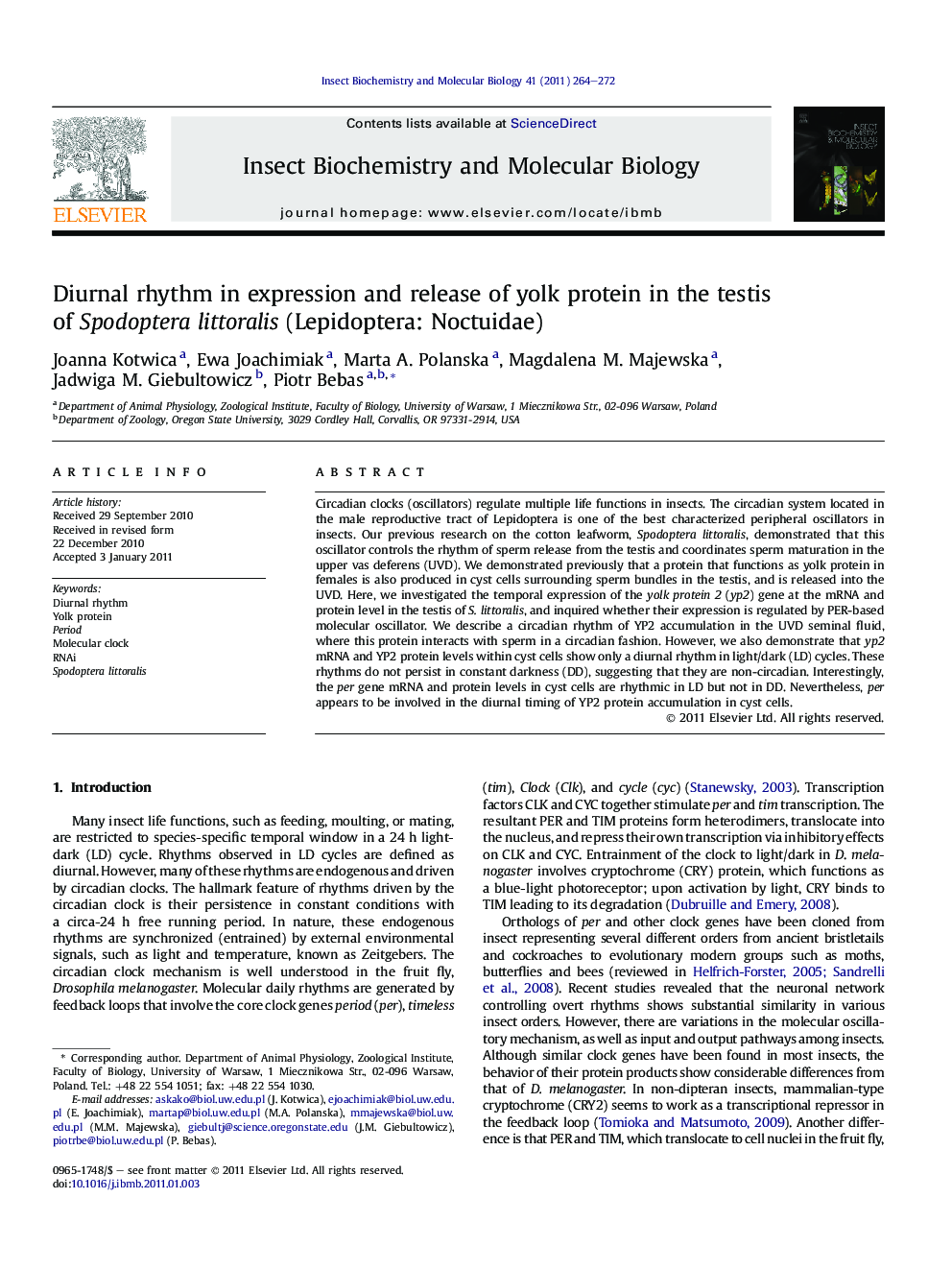 Diurnal rhythm in expression and release of yolk protein in the testis of Spodoptera littoralis (Lepidoptera: Noctuidae)