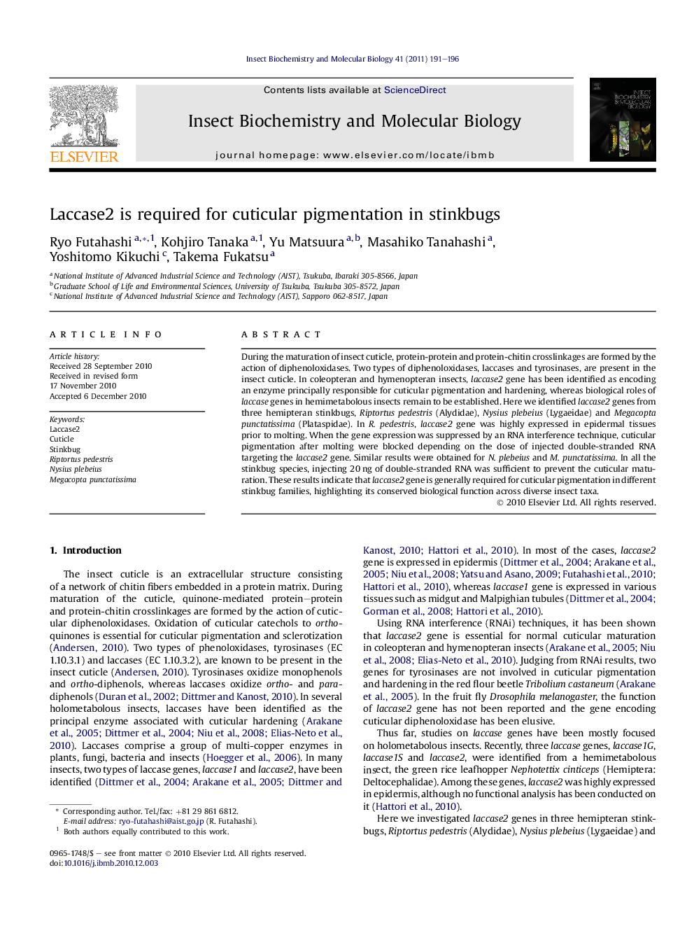 Laccase2 is required for cuticular pigmentation in stinkbugs