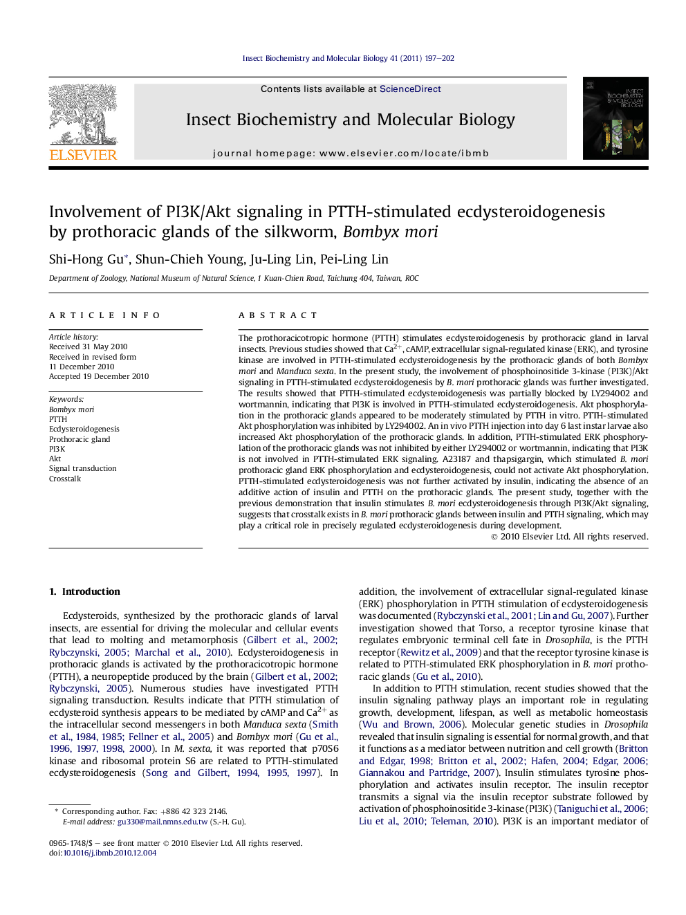 Involvement of PI3K/Akt signaling in PTTH-stimulated ecdysteroidogenesis by prothoracic glands of the silkworm, Bombyx mori