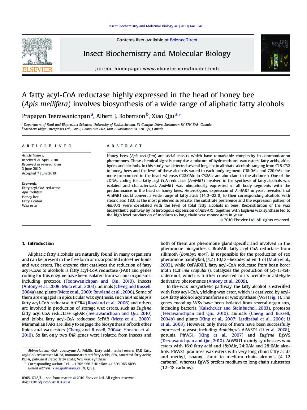 A fatty acyl-CoA reductase highly expressed in the head of honey bee (Apis mellifera) involves biosynthesis of a wide range of aliphatic fatty alcohols