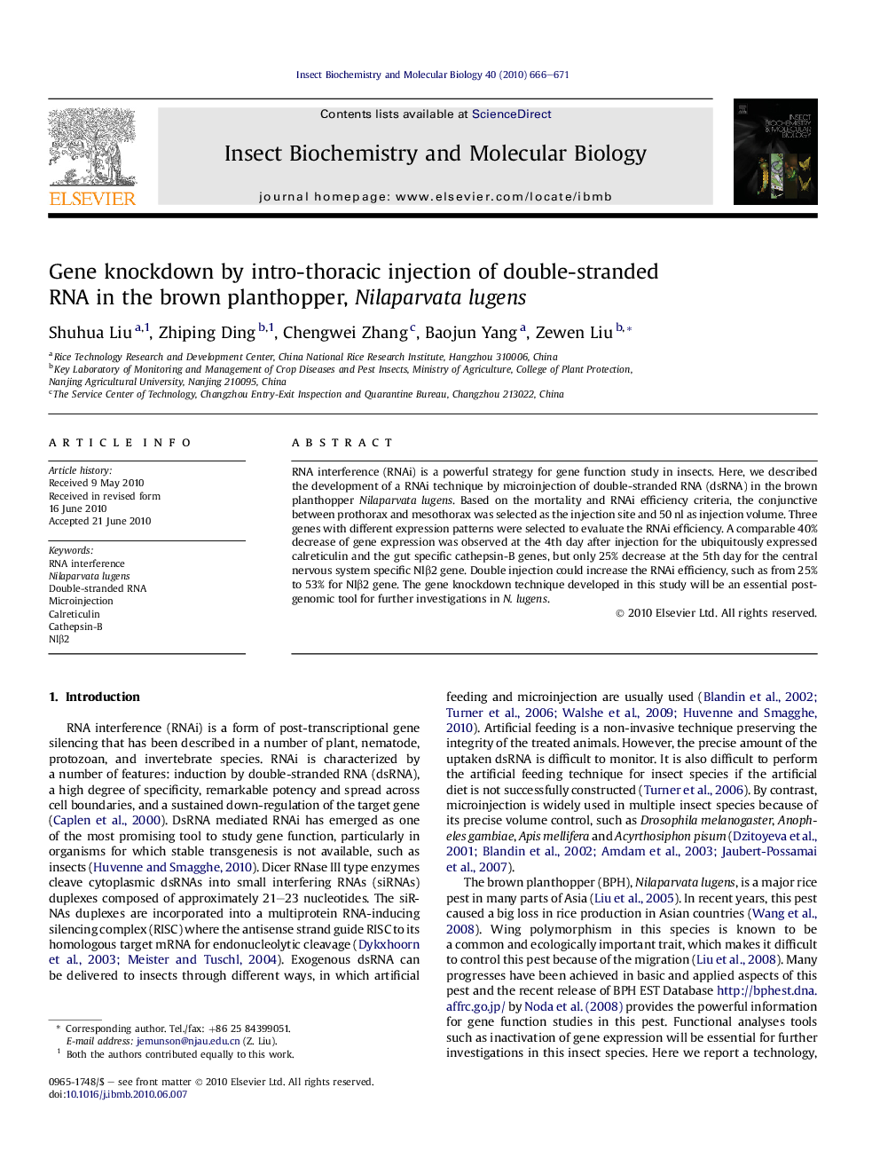 Gene knockdown by intro-thoracic injection of double-stranded RNA in the brown planthopper, Nilaparvata lugens