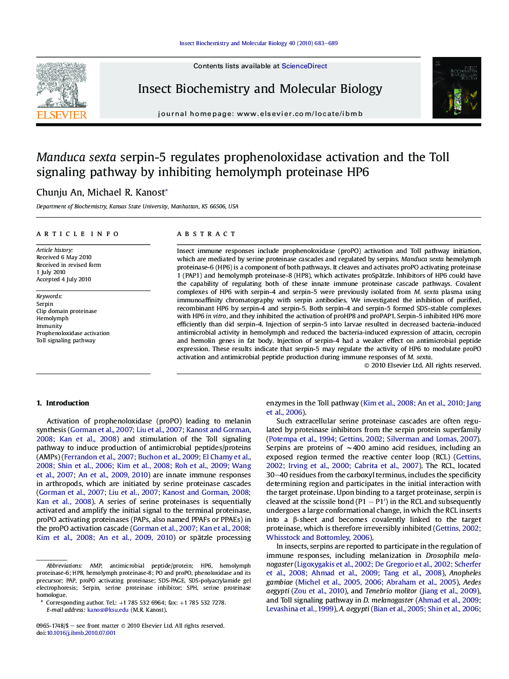 Manduca sexta serpin-5 regulates prophenoloxidase activation and the Toll signaling pathway by inhibiting hemolymph proteinase HP6