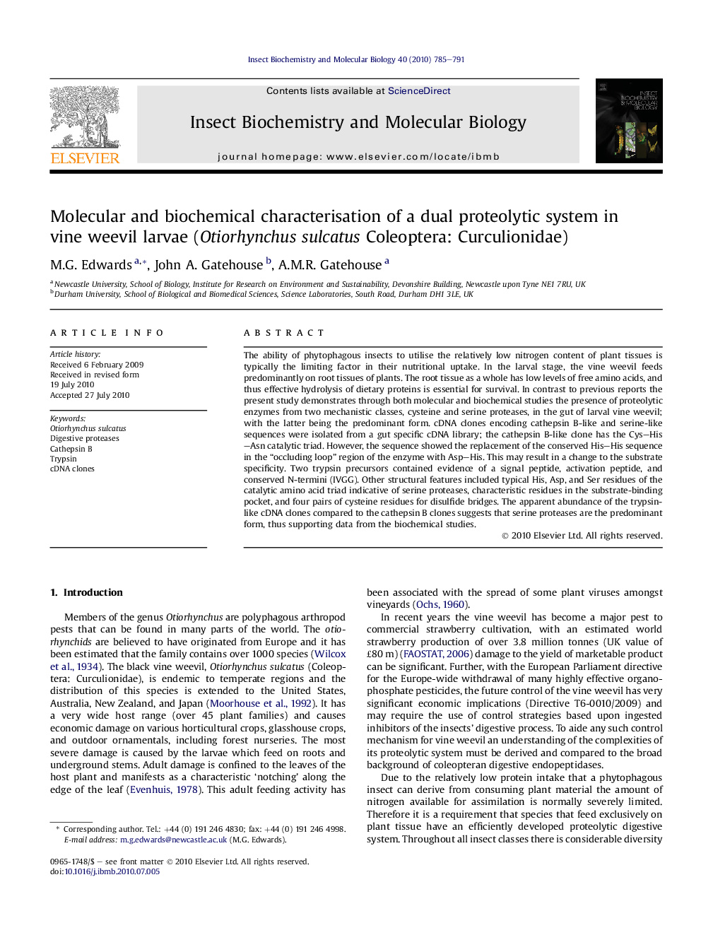 Molecular and biochemical characterisation of a dual proteolytic system in vine weevil larvae (Otiorhynchus sulcatus Coleoptera: Curculionidae)