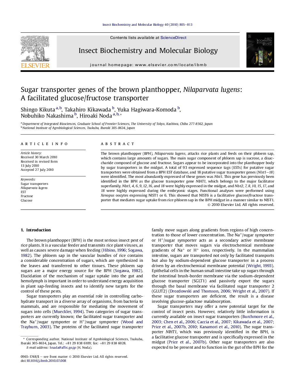 Sugar transporter genes of the brown planthopper, Nilaparvata lugens: A facilitated glucose/fructose transporter