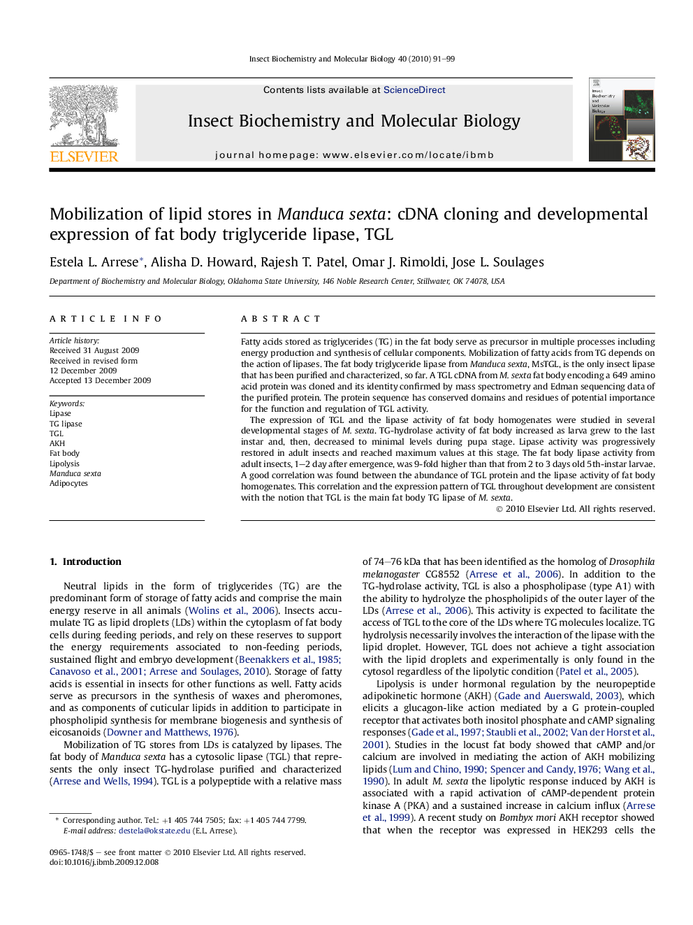 Mobilization of lipid stores in Manduca sexta: cDNA cloning and developmental expression of fat body triglyceride lipase, TGL