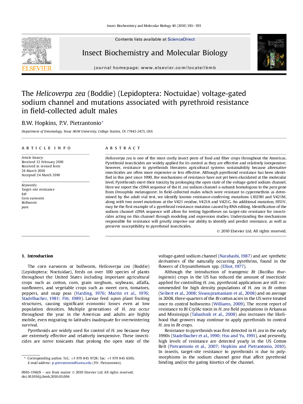 The Helicoverpa zea (Boddie) (Lepidoptera: Noctuidae) voltage-gated sodium channel and mutations associated with pyrethroid resistance in field-collected adult males