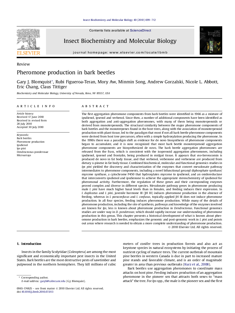 Pheromone production in bark beetles