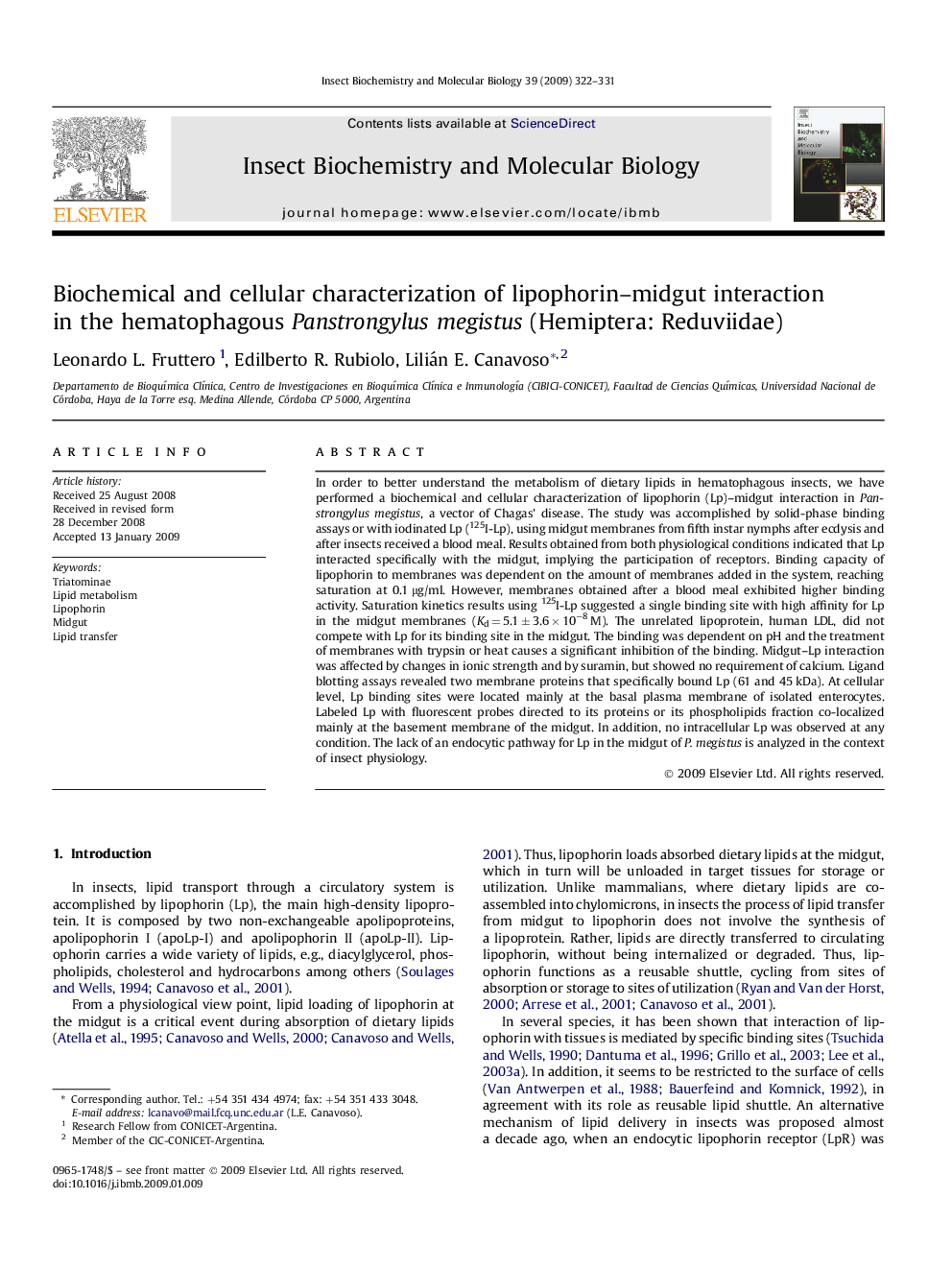 Biochemical and cellular characterization of lipophorin–midgut interaction in the hematophagous Panstrongylus megistus (Hemiptera: Reduviidae)