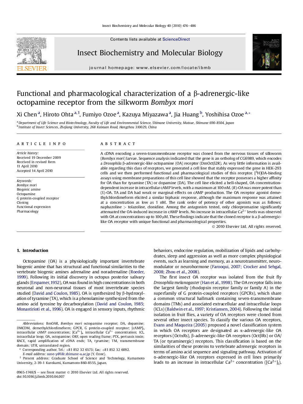 Functional and pharmacological characterization of a β-adrenergic-like octopamine receptor from the silkworm Bombyx mori