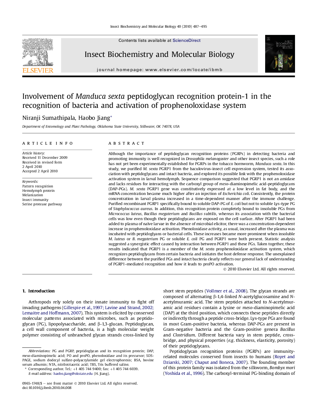 Involvement of Manduca sexta peptidoglycan recognition protein-1 in the recognition of bacteria and activation of prophenoloxidase system