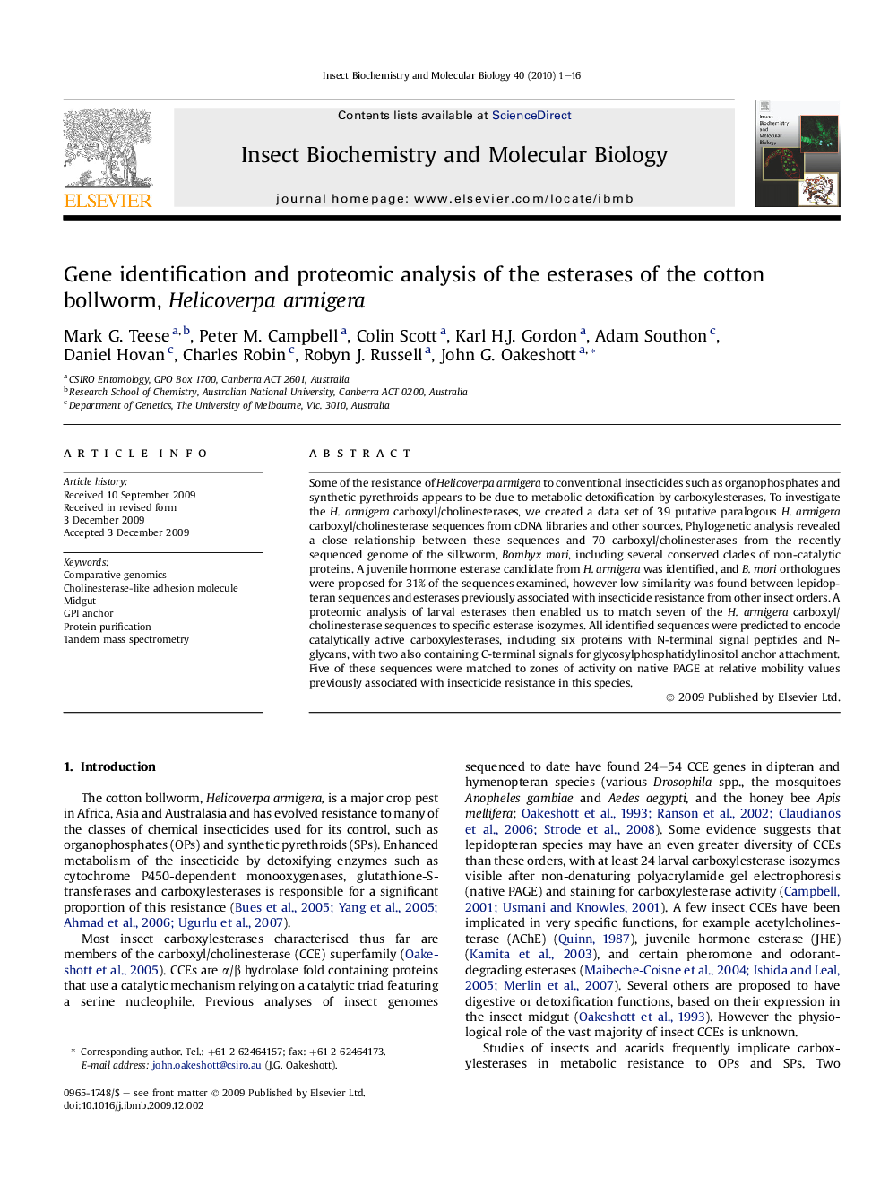 Gene identification and proteomic analysis of the esterases of the cotton bollworm, Helicoverpa armigera