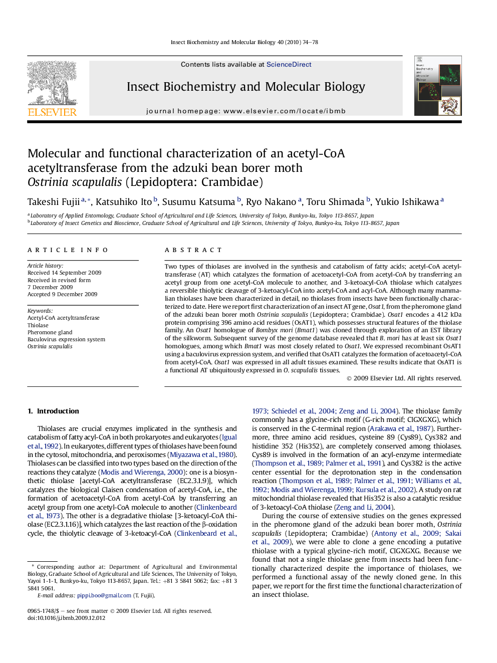 Molecular and functional characterization of an acetyl-CoA acetyltransferase from the adzuki bean borer moth Ostrinia scapulalis (Lepidoptera: Crambidae)