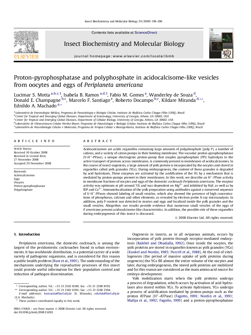 Proton-pyrophosphatase and polyphosphate in acidocalcisome-like vesicles from oocytes and eggs of Periplaneta americana