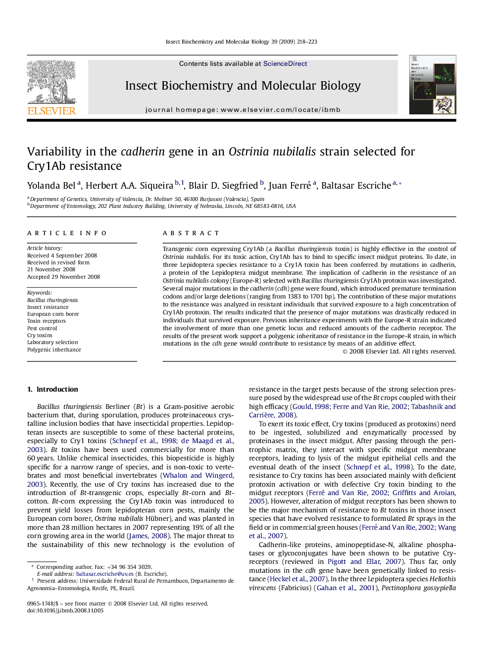 Variability in the cadherin gene in an Ostrinia nubilalis strain selected for Cry1Ab resistance