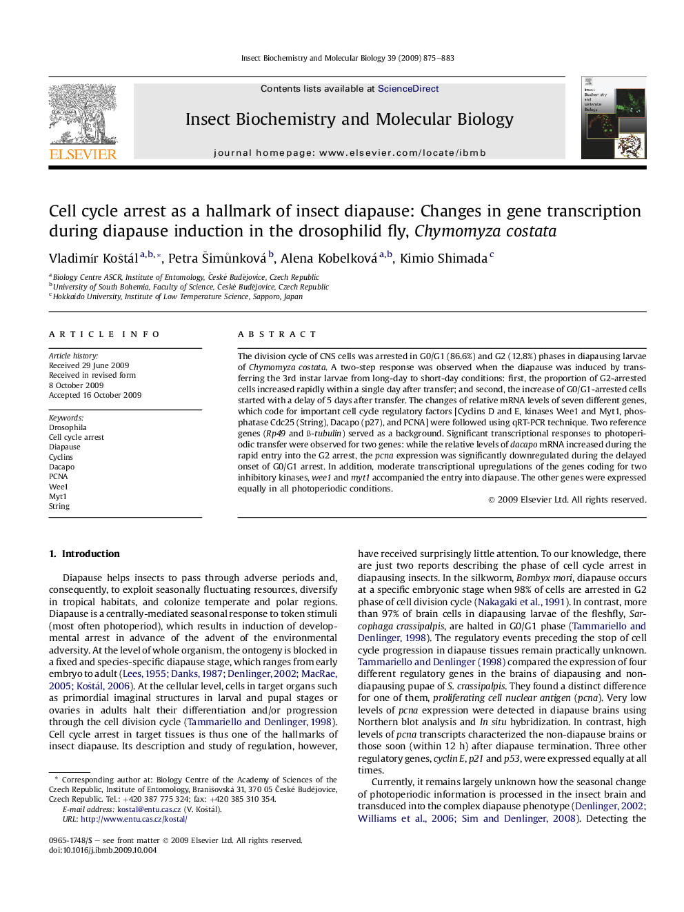 Cell cycle arrest as a hallmark of insect diapause: Changes in gene transcription during diapause induction in the drosophilid fly, Chymomyza costata