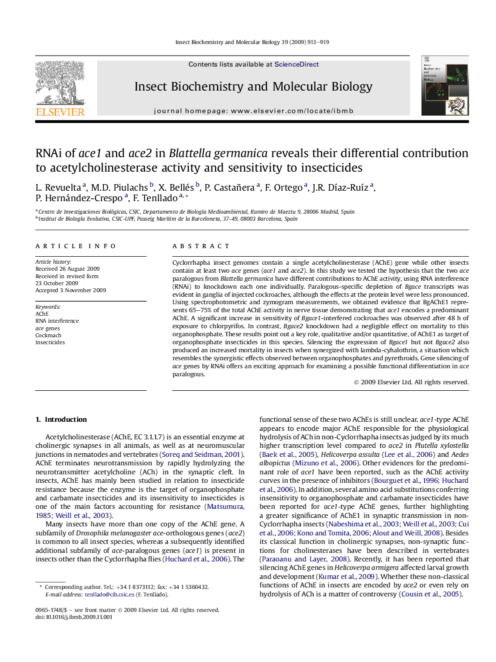 RNAi of ace1 and ace2 in Blattella germanica reveals their differential contribution to acetylcholinesterase activity and sensitivity to insecticides