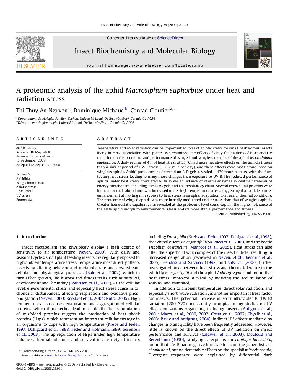 A proteomic analysis of the aphid Macrosiphum euphorbiae under heat and radiation stress