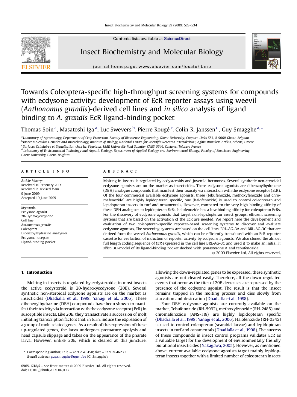 Towards Coleoptera-specific high-throughput screening systems for compounds with ecdysone activity: development of EcR reporter assays using weevil (Anthonomus grandis)-derived cell lines and in silico analysis of ligand binding to A. grandis EcR ligand-b